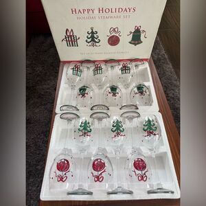 Vintage 🎄 Happy Holidays Hand-Painted Stemware Set – 12 Goblets EUC 🎄